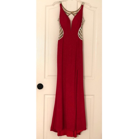 Red Jeweled Open Legged Long Prom Dress - Picture 4 of 8